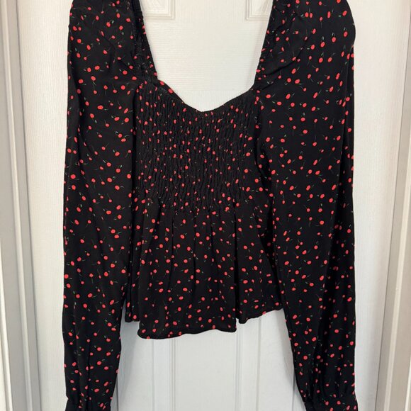 EUC, Free People Julia Cherry Print Blouse, Smocked Back, Black, Size L - Picture 10 of 14